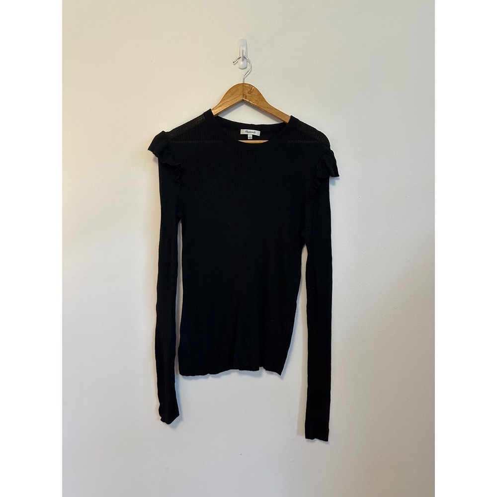 Madewell Black Ruffle Shoulder Ribbed Knit Long Sleeve Sweater | Size Large